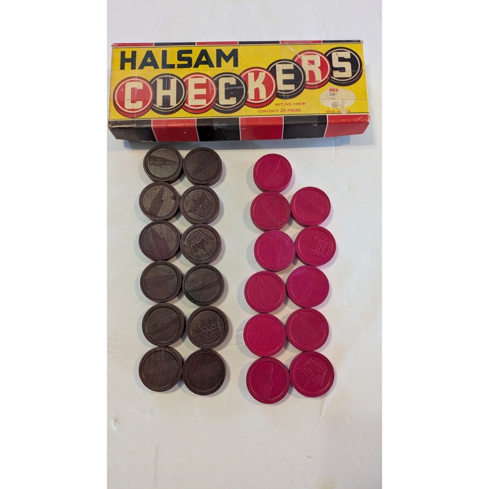 Vintage Halsam Wooden‎ Checkers-Set #145W-23 Pieces-IOB Black/Red Crowns Empire